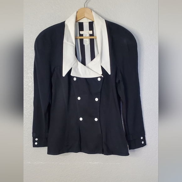 💚5/$25 Black & White Button Fitted Taylored Double-Breasted Blazer Jacket - Picture 6 of 6
